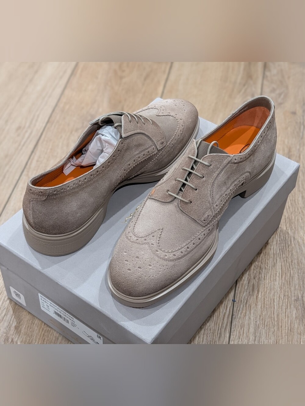 $750 Mens SANTONI "Easy" Brogue Suede Derby Dress Shoes Light Brown 10 D